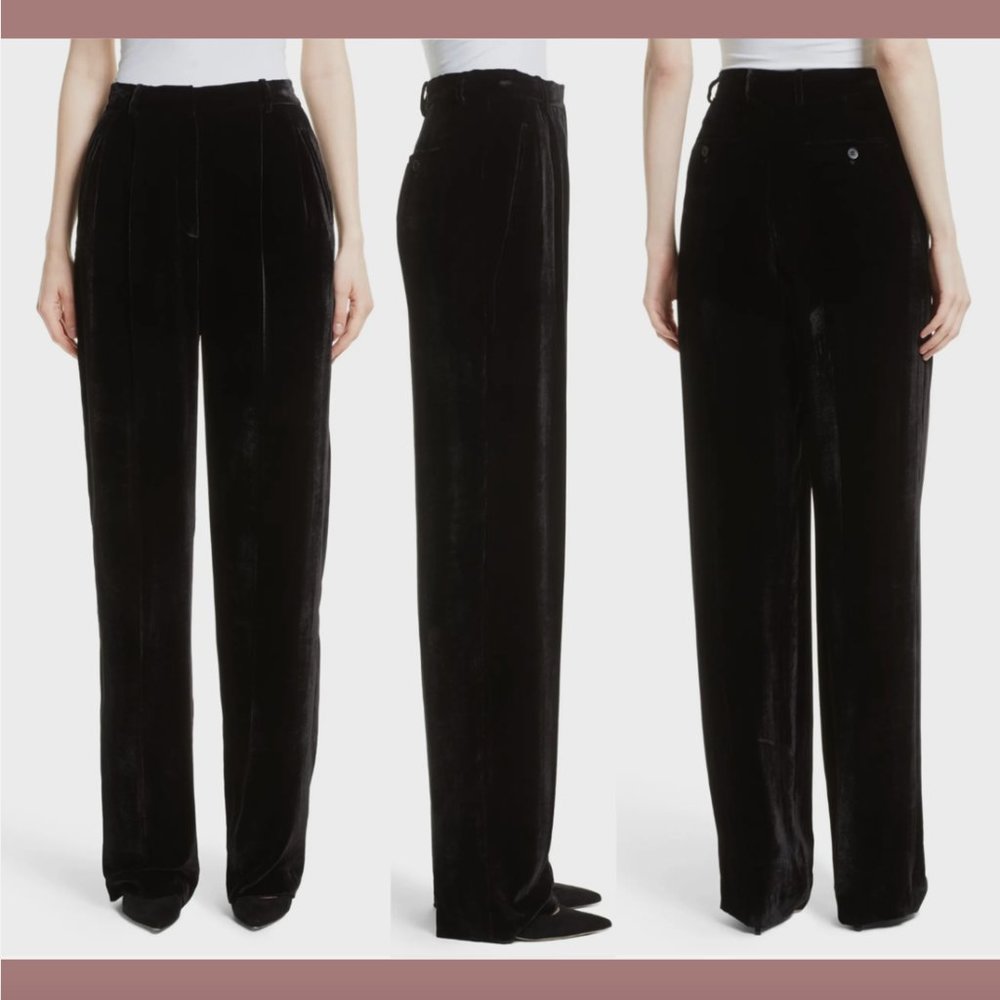 NEW $425 THEORY [ 4 ] Velvet Pleated‎ Pant High-waist Pant In Black #Q406